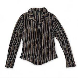 Penta Y2K Grunge Crinkle Striped Black Brown Collared Button-Up Blouse Sz. 8